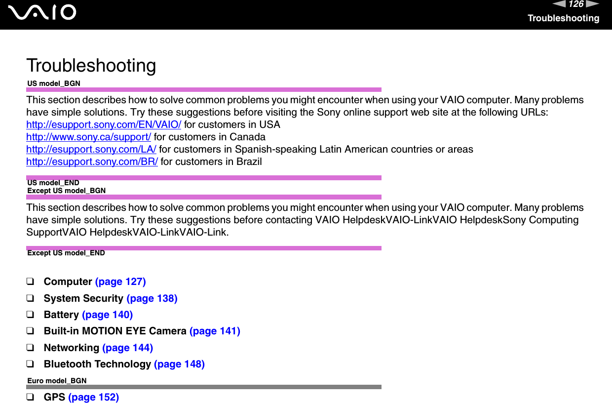126nNTroubleshootingTroubleshootingUS model_BGNThis section describes how to solve common problems you might encounter when using your VAIO computer. Many problems have simple solutions. Try these suggestions before visiting the Sony online support web site at the following URLs:http://esupport.sony.com/EN/VAIO/ for customers in USAhttp://www.sony.ca/support/ for customers in Canadahttp://esupport.sony.com/LA/ for customers in Spanish-speaking Latin American countries or areashttp://esupport.sony.com/BR/ for customers in BrazilUS model_ENDExcept US model_BGNThis section describes how to solve common problems you might encounter when using your VAIO computer. Many problems have simple solutions. Try these suggestions before contacting VAIO HelpdeskVAIO-LinkVAIO HelpdeskSony Computing SupportVAIO HelpdeskVAIO-LinkVAIO-Link.Except US model_END❑Computer (page 127)❑System Security (page 138)❑Battery (page 140)❑Built-in MOTION EYE Camera (page 141)❑Networking (page 144)❑Bluetooth Technology (page 148)Euro model_BGN❑GPS (page 152)
