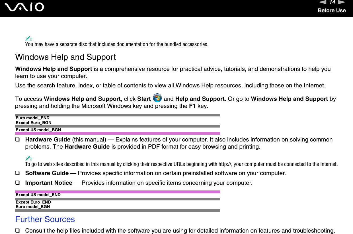 14nNBefore Use✍You may have a separate disc that includes documentation for the bundled accessories.Windows Help and SupportWindows Help and Support is a comprehensive resource for practical advice, tutorials, and demonstrations to help you learn to use your computer.Use the search feature, index, or table of contents to view all Windows Help resources, including those on the Internet.To access Windows Help and Support, click Start  and Help and Support. Or go to Windows Help and Support by pressing and holding the Microsoft Windows key and pressing the F1 key.Euro model_ENDExcept Euro_BGNExcept US model_BGN❑Hardware Guide (this manual) — Explains features of your computer. It also includes information on solving common problems. The Hardware Guide is provided in PDF format for easy browsing and printing.✍To go to web sites described in this manual by clicking their respective URLs beginning with http://, your computer must be connected to the Internet.❑Software Guide — Provides specific information on certain preinstalled software on your computer.❑Important Notice — Provides information on specific items concerning your computer.Except US model_ENDExcept Euro_END Euro model_BGNFurther Sources❑Consult the help files included with the software you are using for detailed information on features and troubleshooting.