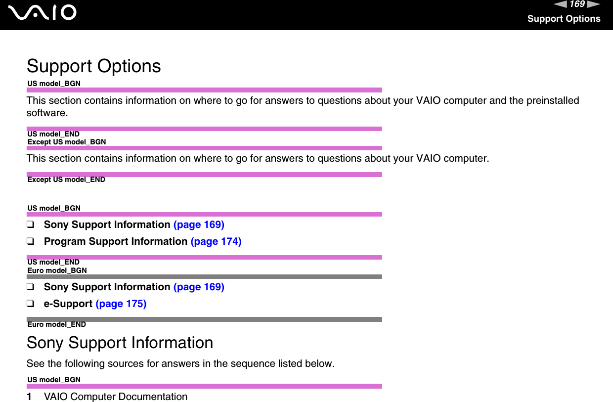 169nNSupport OptionsSupport OptionsUS model_BGNThis section contains information on where to go for answers to questions about your VAIO computer and the preinstalled software.US model_ENDExcept US model_BGNThis section contains information on where to go for answers to questions about your VAIO computer.Except US model_ENDUS model_BGN❑Sony Support Information (page 169)❑Program Support Information (page 174)US model_ENDEuro model_BGN❑Sony Support Information (page 169)❑e-Support (page 175)Euro model_ENDSony Support InformationSee the following sources for answers in the sequence listed below.US model_BGN1VAIO Computer Documentation
