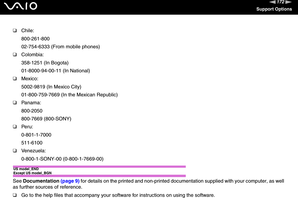172nNSupport Options❑Chile:800-261-80002-754-6333 (From mobile phones)❑Colombia:358-1251 (In Bogota)01-8000-94-00-11 (In National)❑Mexico:5002-9819 (In Mexico City)01-800-759-7669 (In the Mexican Republic)❑Panama:800-2050800-7669 (800-SONY)❑Peru:0-801-1-7000511-6100❑Venezuela:0-800-1-SONY-00 (0-800-1-7669-00)US model_ENDExcept US model_BGNSee Documentation (page 9) for details on the printed and non-printed documentation supplied with your computer, as well as further sources of reference.❑Go to the help files that accompany your software for instructions on using the software.