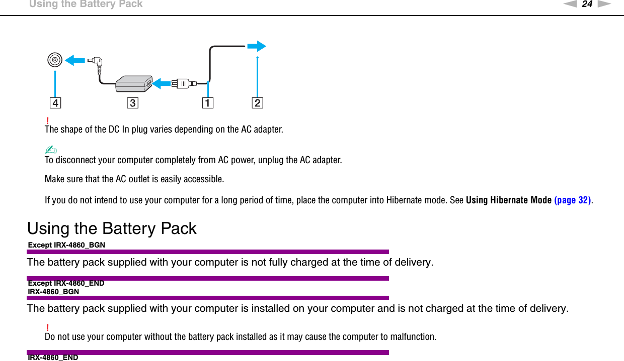 24nNGetting Started &gt;Using the Battery Pack!The shape of the DC In plug varies depending on the AC adapter.✍To disconnect your computer completely from AC power, unplug the AC adapter.Make sure that the AC outlet is easily accessible.If you do not intend to use your computer for a long period of time, place the computer into Hibernate mode. See Using Hibernate Mode (page 32).  Using the Battery PackExcept IRX-4860_BGNThe battery pack supplied with your computer is not fully charged at the time of delivery.Except IRX-4860_ENDIRX-4860_BGNThe battery pack supplied with your computer is installed on your computer and is not charged at the time of delivery.!Do not use your computer without the battery pack installed as it may cause the computer to malfunction.IRX-4860_END