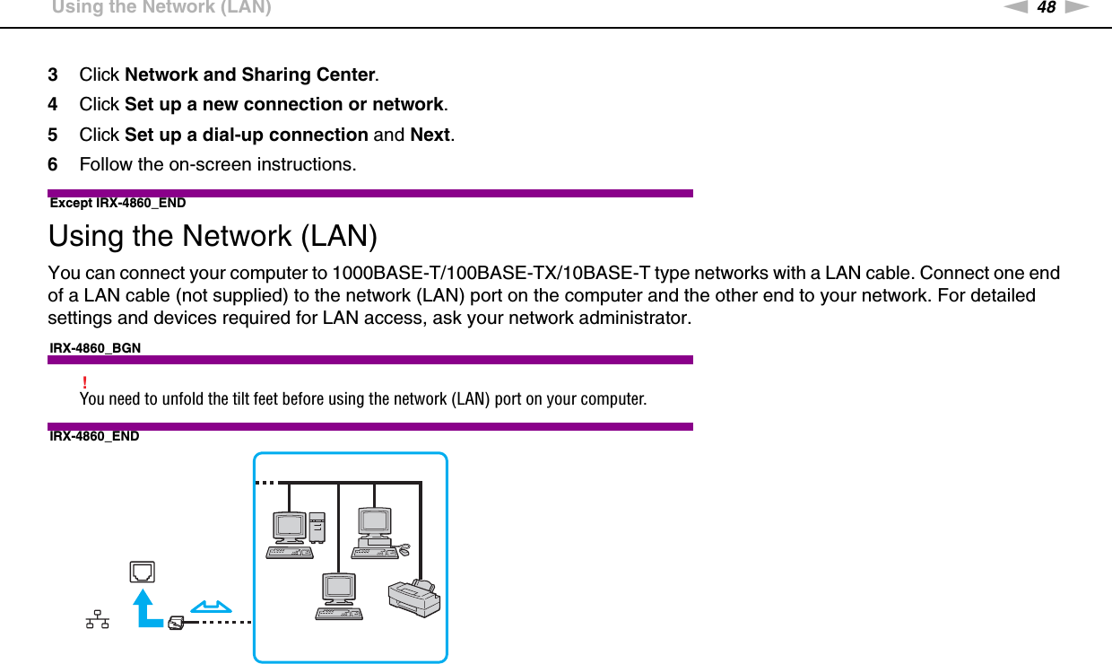 48nNUsing Your VAIO Computer &gt;Using the Network (LAN)3Click Network and Sharing Center.4Click Set up a new connection or network.5Click Set up a dial-up connection and Next.6Follow the on-screen instructions.Except IRX-4860_END Using the Network (LAN)You can connect your computer to 1000BASE-T/100BASE-TX/10BASE-T type networks with a LAN cable. Connect one end of a LAN cable (not supplied) to the network (LAN) port on the computer and the other end to your network. For detailed settings and devices required for LAN access, ask your network administrator.IRX-4860_BGN!You need to unfold the tilt feet before using the network (LAN) port on your computer.IRX-4860_END