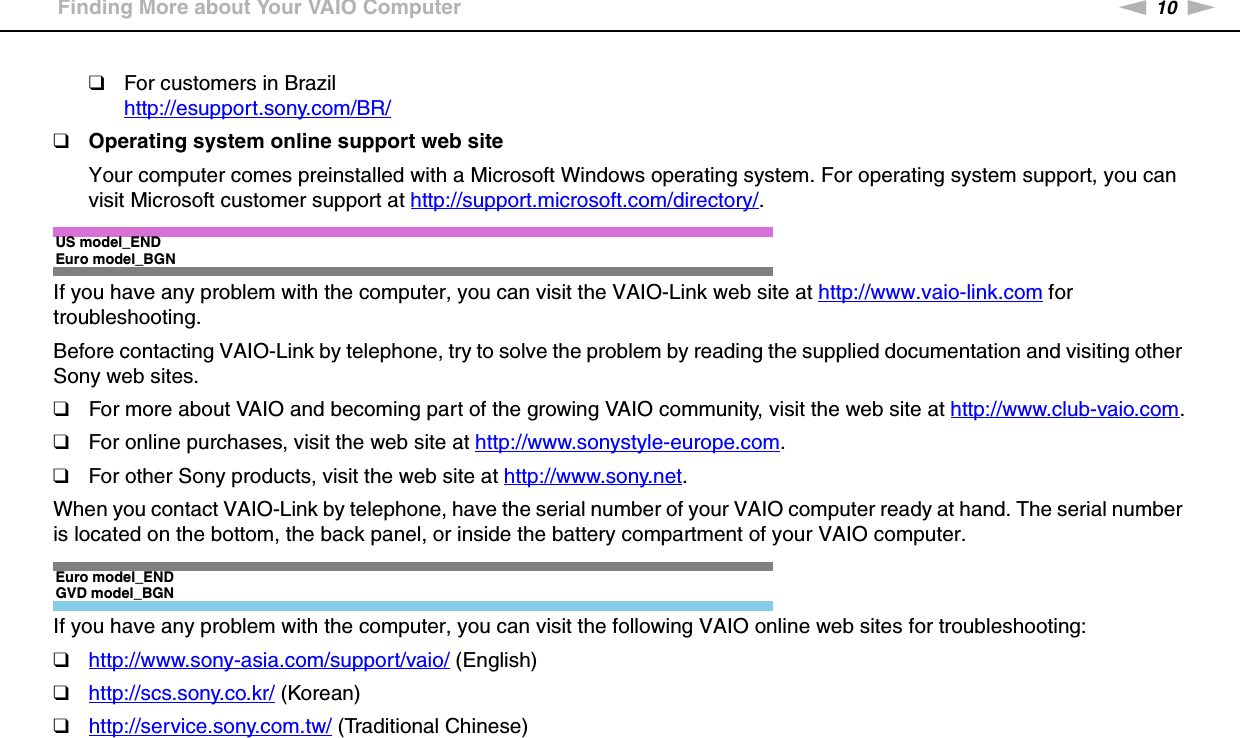 10nNBefore Use &gt;Finding More about Your VAIO Computer❑For customers in Brazilhttp://esupport.sony.com/BR/ ❑Operating system online support web siteYour computer comes preinstalled with a Microsoft Windows operating system. For operating system support, you can visit Microsoft customer support at http://support.microsoft.com/directory/.US model_ENDEuro model_BGNIf you have any problem with the computer, you can visit the VAIO-Link web site at http://www.vaio-link.com for troubleshooting.Before contacting VAIO-Link by telephone, try to solve the problem by reading the supplied documentation and visiting other Sony web sites.❑For more about VAIO and becoming part of the growing VAIO community, visit the web site at http://www.club-vaio.com.❑For online purchases, visit the web site at http://www.sonystyle-europe.com.❑For other Sony products, visit the web site at http://www.sony.net.When you contact VAIO-Link by telephone, have the serial number of your VAIO computer ready at hand. The serial number is located on the bottom, the back panel, or inside the battery compartment of your VAIO computer.Euro model_ENDGVD model_BGNIf you have any problem with the computer, you can visit the following VAIO online web sites for troubleshooting:❑http://www.sony-asia.com/support/vaio/ (English)❑http://scs.sony.co.kr/ (Korean)❑http://service.sony.com.tw/ (Traditional Chinese)