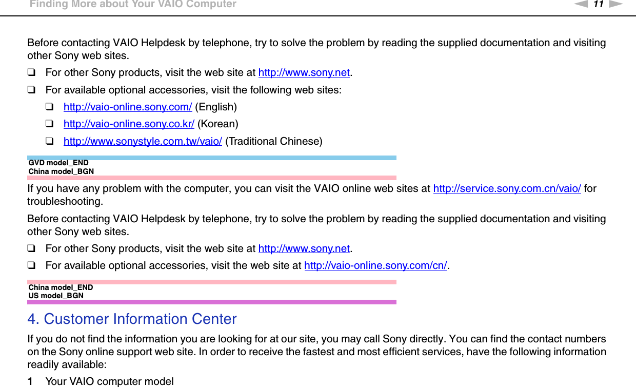 11nNBefore Use &gt;Finding More about Your VAIO ComputerBefore contacting VAIO Helpdesk by telephone, try to solve the problem by reading the supplied documentation and visiting other Sony web sites.❑For other Sony products, visit the web site at http://www.sony.net.❑For available optional accessories, visit the following web sites:❑http://vaio-online.sony.com/ (English)❑http://vaio-online.sony.co.kr/ (Korean)❑http://www.sonystyle.com.tw/vaio/ (Traditional Chinese)GVD model_ENDChina model_BGNIf you have any problem with the computer, you can visit the VAIO online web sites at http://service.sony.com.cn/vaio/ for troubleshooting.Before contacting VAIO Helpdesk by telephone, try to solve the problem by reading the supplied documentation and visiting other Sony web sites.❑For other Sony products, visit the web site at http://www.sony.net.❑For available optional accessories, visit the web site at http://vaio-online.sony.com/cn/.China model_ENDUS model_BGN4. Customer Information CenterIf you do not find the information you are looking for at our site, you may call Sony directly. You can find the contact numbers on the Sony online support web site. In order to receive the fastest and most efficient services, have the following information readily available:1Your VAIO computer model