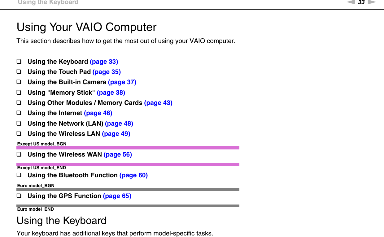 33nNUsing Your VAIO Computer &gt;Using the KeyboardUsing Your VAIO ComputerThis section describes how to get the most out of using your VAIO computer.❑Using the Keyboard (page 33)❑Using the Touch Pad (page 35)❑Using the Built-in Camera (page 37)❑Using &quot;Memory Stick&quot; (page 38)❑Using Other Modules / Memory Cards (page 43)❑Using the Internet (page 46)❑Using the Network (LAN) (page 48)❑Using the Wireless LAN (page 49)Except US model_BGN❑Using the Wireless WAN (page 56)Except US model_END❑Using the Bluetooth Function (page 60)Euro model_BGN❑Using the GPS Function (page 65)Euro model_ENDUsing the KeyboardYour keyboard has additional keys that perform model-specific tasks.