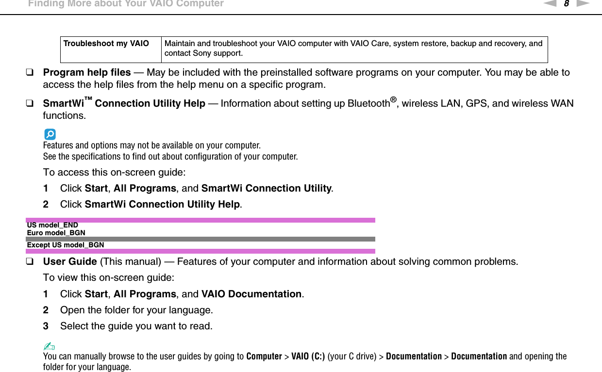 8nNBefore Use &gt;Finding More about Your VAIO Computer❑Program help files — May be included with the preinstalled software programs on your computer. You may be able to access the help files from the help menu on a specific program.❑SmartWi™ Connection Utility Help — Information about setting up Bluetooth®, wireless LAN, GPS, and wireless WAN functions.Features and options may not be available on your computer.See the specifications to find out about configuration of your computer.To access this on-screen guide:1Click Start, All Programs, and SmartWi Connection Utility.2Click SmartWi Connection Utility Help.US model_ENDEuro model_BGNExcept US model_BGN❑User Guide (This manual) — Features of your computer and information about solving common problems.To view this on-screen guide:1Click Start, All Programs, and VAIO Documentation.2Open the folder for your language.3Select the guide you want to read.✍You can manually browse to the user guides by going to Computer &gt; VAIO (C:) (your C drive) &gt; Documentation &gt; Documentation and opening the folder for your language.Troubleshoot my VAIO Maintain and troubleshoot your VAIO computer with VAIO Care, system restore, backup and recovery, and contact Sony support.