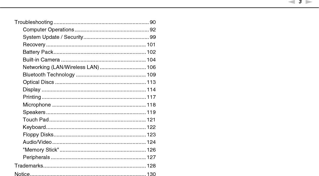 3nNTroubleshooting ................................................................ 90Computer Operations.................................................. 92System Update / Security............................................ 99Recovery ................................................................... 101Battery Pack.............................................................. 102Built-in Camera ......................................................... 104Networking (LAN/Wireless LAN) ............................... 106Bluetooth Technology ............................................... 109Optical Discs ............................................................. 113Display ...................................................................... 114Printing ...................................................................... 117Microphone ............................................................... 118Speakers ................................................................... 119Touch Pad................................................................. 121Keyboard................................................................... 122Floppy Disks.............................................................. 123Audio/Video............................................................... 124&quot;Memory Stick&quot;.......................................................... 126Peripherals ................................................................ 127Trademarks..................................................................... 128Notice.............................................................................. 130