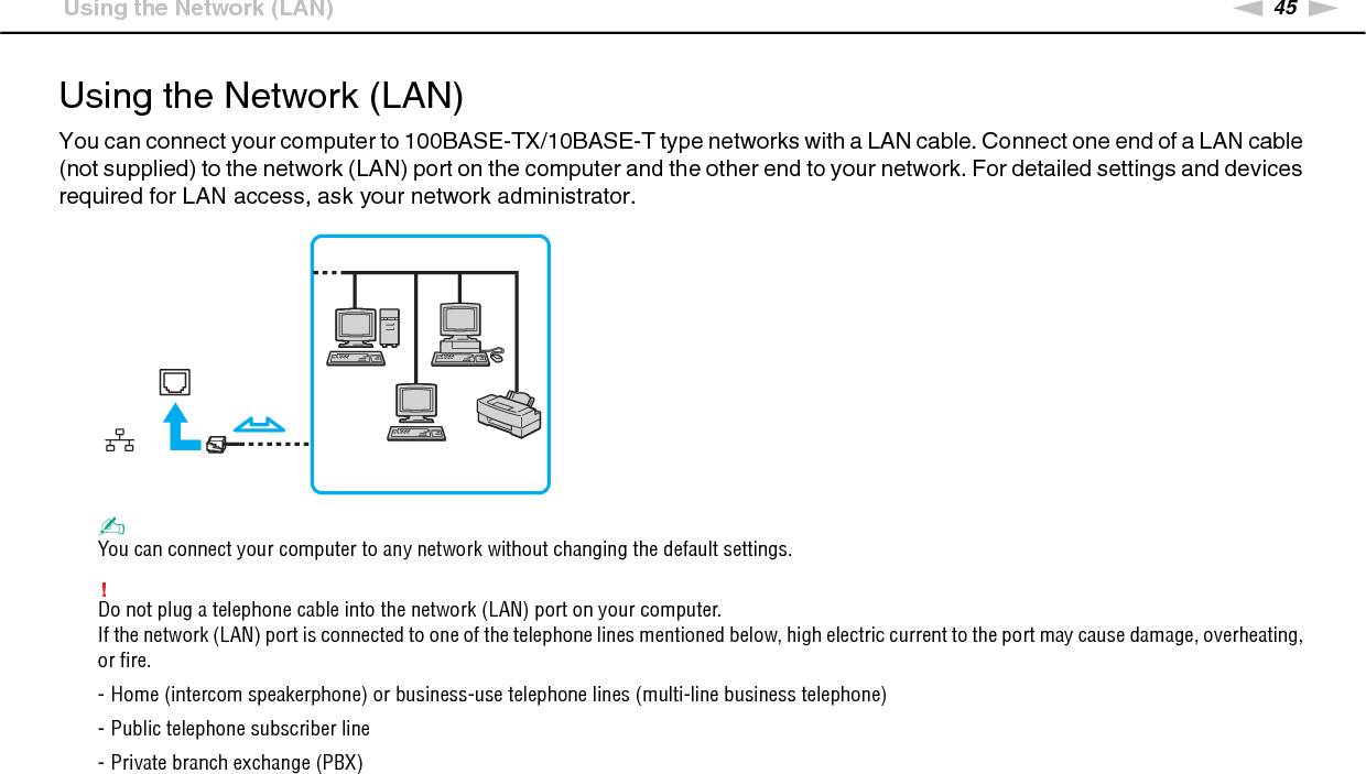 45nNUsing Your VAIO Computer &gt;Using the Network (LAN)Using the Network (LAN)You can connect your computer to 100BASE-TX/10BASE-T type networks with a LAN cable. Connect one end of a LAN cable (not supplied) to the network (LAN) port on the computer and the other end to your network. For detailed settings and devices required for LAN access, ask your network administrator.✍You can connect your computer to any network without changing the default settings.!Do not plug a telephone cable into the network (LAN) port on your computer.If the network (LAN) port is connected to one of the telephone lines mentioned below, high electric current to the port may cause damage, overheating, or fire.- Home (intercom speakerphone) or business-use telephone lines (multi-line business telephone)- Public telephone subscriber line- Private branch exchange (PBX) 