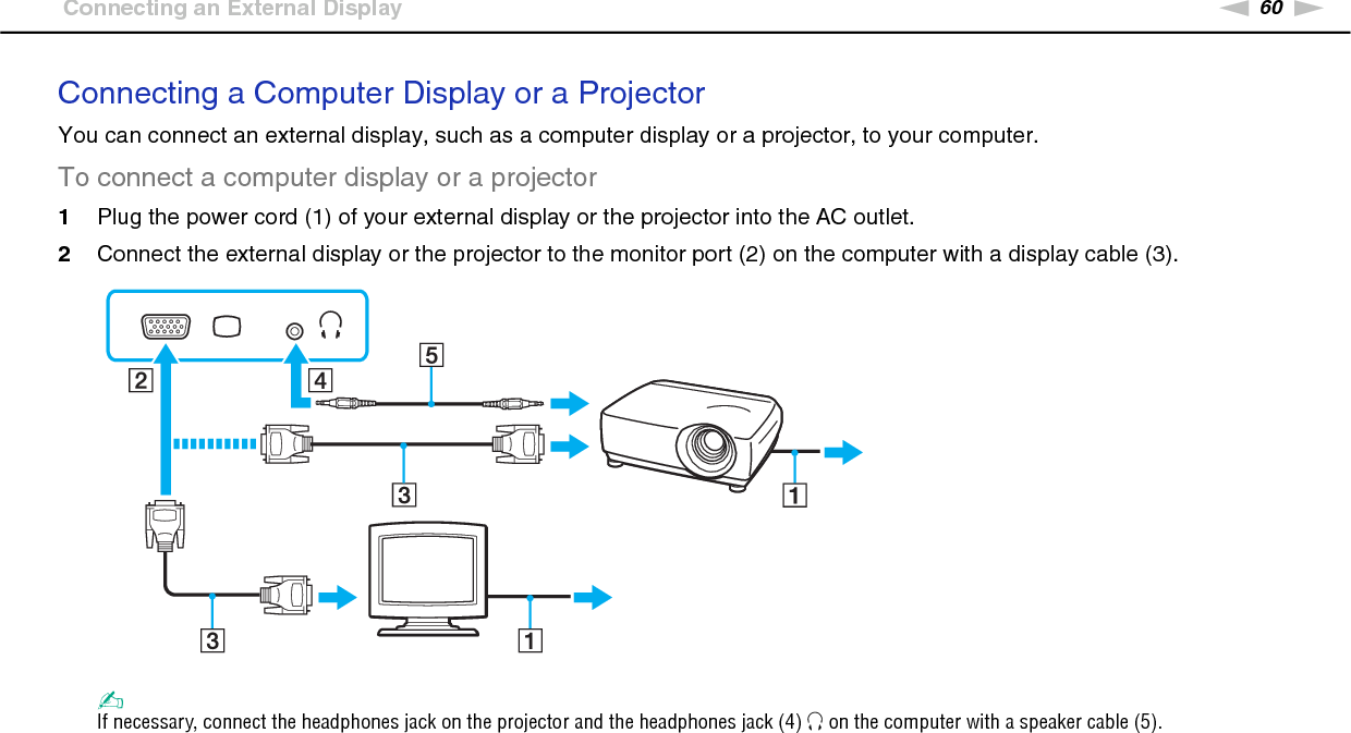60nNUsing Peripheral Devices &gt;Connecting an External DisplayConnecting a Computer Display or a ProjectorYou can connect an external display, such as a computer display or a projector, to your computer.To connect a computer display or a projector1Plug the power cord (1) of your external display or the projector into the AC outlet.2Connect the external display or the projector to the monitor port (2) on the computer with a display cable (3).✍If necessary, connect the headphones jack on the projector and the headphones jack (4) i on the computer with a speaker cable (5).  