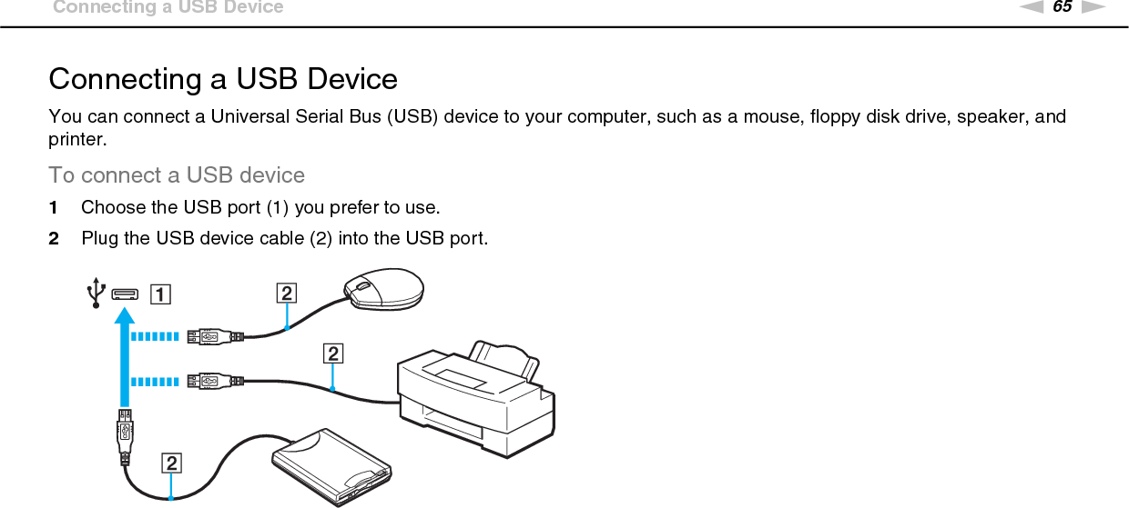 65nNUsing Peripheral Devices &gt;Connecting a USB DeviceConnecting a USB DeviceYou can connect a Universal Serial Bus (USB) device to your computer, such as a mouse, floppy disk drive, speaker, and printer.To connect a USB device1Choose the USB port (1) you prefer to use.2Plug the USB device cable (2) into the USB port.