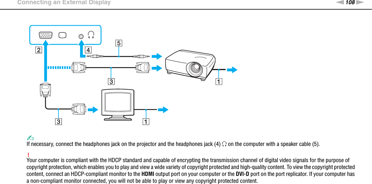 108nNUsing Peripheral Devices &gt;Connecting an External Display✍If necessary, connect the headphones jack on the projector and the headphones jack (4) i on the computer with a speaker cable (5).!Your computer is compliant with the HDCP standard and capable of encrypting the transmission channel of digital video signals for the purpose of copyright protection, which enables you to play and view a wide variety of copyright protected and high-quality content. To view the copyright protected content, connect an HDCP-compliant monitor to the HDMI output port on your computer or the DVI-D port on the port replicator. If your computer has a non-compliant monitor connected, you will not be able to play or view any copyright protected content.