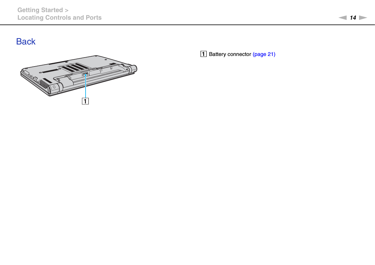 14nNGetting Started &gt;Locating Controls and PortsBackABattery connector (page 21)