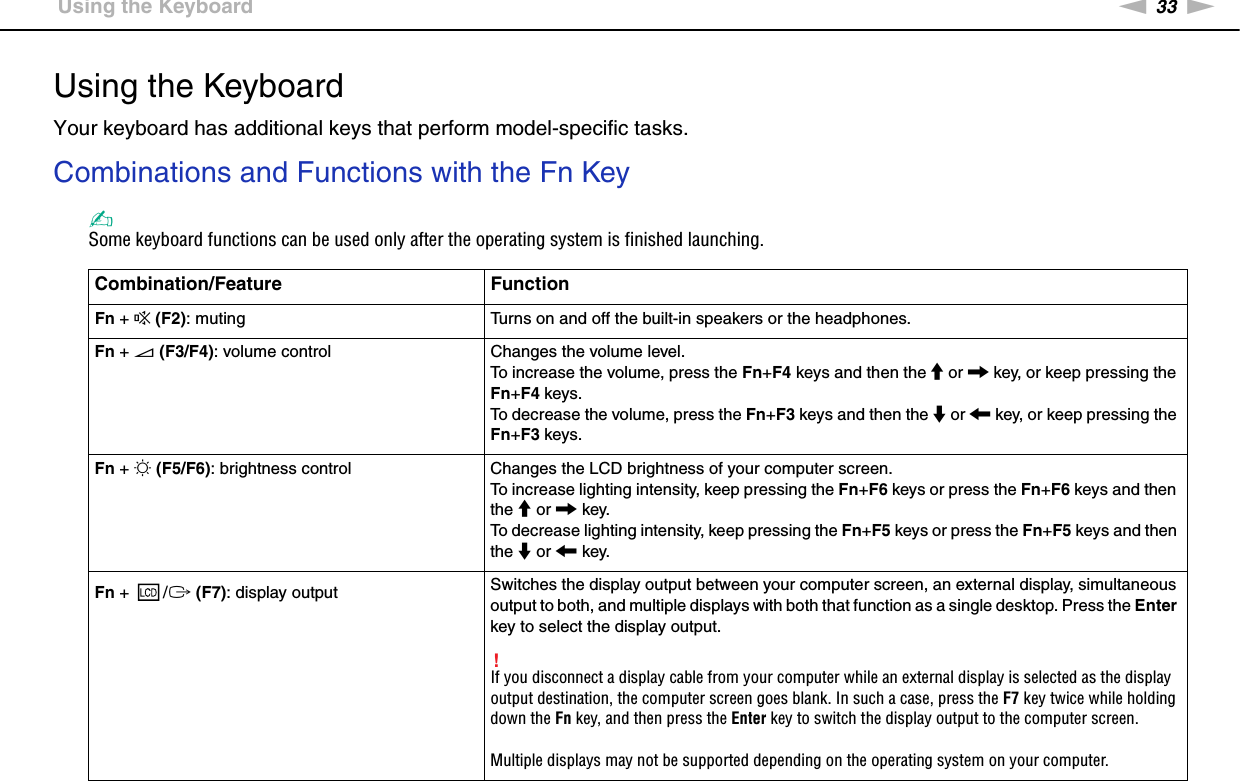 33nNUsing Your VAIO Computer &gt;Using the KeyboardUsing the KeyboardYour keyboard has additional keys that perform model-specific tasks.Combinations and Functions with the Fn Key✍Some keyboard functions can be used only after the operating system is finished launching.Combination/Feature FunctionFn + % (F2): muting Turns on and off the built-in speakers or the headphones.Fn + 2 (F3/F4): volume control Changes the volume level.To increase the volume, press the Fn+F4 keys and then the M or , key, or keep pressing the Fn+F4 keys.To decrease the volume, press the Fn+F3 keys and then the m or &lt; key, or keep pressing the Fn+F3 keys.Fn + 8 (F5/F6): brightness control Changes the LCD brightness of your computer screen.To increase lighting intensity, keep pressing the Fn+F6 keys or press the Fn+F6 keys and then the M or , key.To decrease lighting intensity, keep pressing the Fn+F5 keys or press the Fn+F5 keys and then the m or &lt; key.Fn +  /T (F7): display output Switches the display output between your computer screen, an external display, simultaneous output to both, and multiple displays with both that function as a single desktop. Press the Enter key to select the display output.!If you disconnect a display cable from your computer while an external display is selected as the display output destination, the computer screen goes blank. In such a case, press the F7 key twice while holding down the Fn key, and then press the Enter key to switch the display output to the computer screen.Multiple displays may not be supported depending on the operating system on your computer.