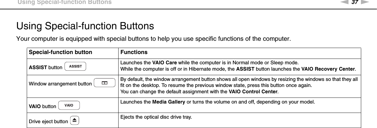 37nNUsing Your VAIO Computer &gt;Using Special-function ButtonsUsing Special-function ButtonsYour computer is equipped with special buttons to help you use specific functions of the computer. Special-function button FunctionsASSIST button Launches the VAIO Care while the computer is in Normal mode or Sleep mode.While the computer is off or in Hibernate mode, the ASSIST button launches the VAIO Recovery Center.Window arrangement button  By default, the window arrangement button shows all open windows by resizing the windows so that they all fit on the desktop. To resume the previous window state, press this button once again.You can change the default assignment with the VAIO Control Center.VAIO button  Launches the Media Gallery or turns the volume on and off, depending on your model.Drive eject button  Ejects the optical disc drive tray.