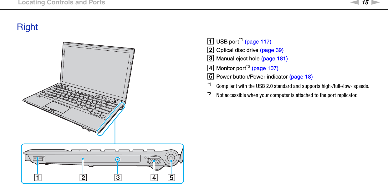 15nNGetting Started &gt;Locating Controls and PortsRightAUSB port*1 (page 117)BOptical disc drive (page 39)CManual eject hole (page 181)DMonitor port*2 (page 107)EPower button/Power indicator (page 18)*1 Compliant with the USB 2.0 standard and supports high-/full-/low- speeds.*2 Not accessible when your computer is attached to the port replicator.