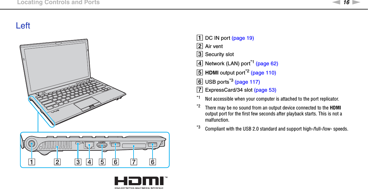 16nNGetting Started &gt;Locating Controls and PortsLeftADC IN port (page 19)BAir ventCSecurity slotDNetwork (LAN) port*1 (page 62)EHDMI output port*2 (page 110)FUSB ports*3 (page 117)GExpressCard/34 slot (page 53)*1 Not accessible when your computer is attached to the port replicator.*2 There may be no sound from an output device connected to the HDMI output port for the first few seconds after playback starts. This is not a malfunction.*3 Compliant with the USB 2.0 standard and support high-/full-/low- speeds.