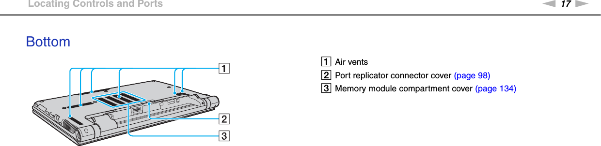 17nNGetting Started &gt;Locating Controls and PortsBottom AAir ventsBPort replicator connector cover (page 98)CMemory module compartment cover (page 134)