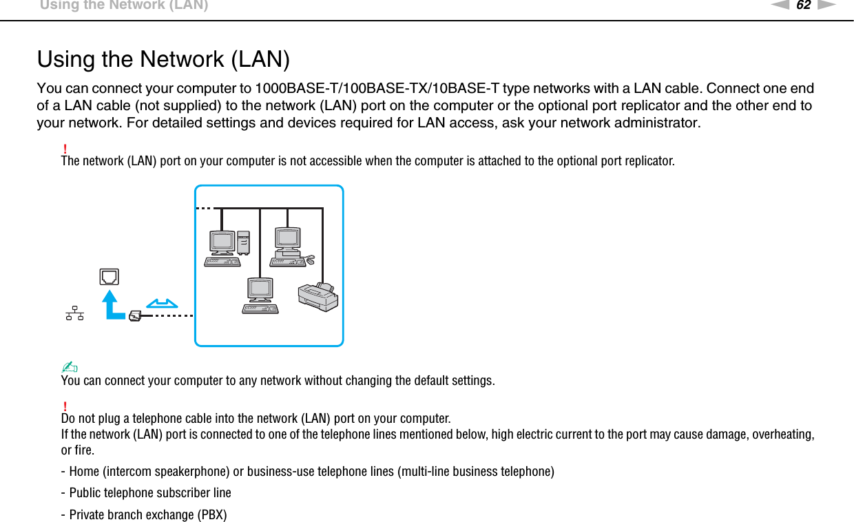 62nNUsing Your VAIO Computer &gt;Using the Network (LAN)Using the Network (LAN)You can connect your computer to 1000BASE-T/100BASE-TX/10BASE-T type networks with a LAN cable. Connect one end of a LAN cable (not supplied) to the network (LAN) port on the computer or the optional port replicator and the other end to your network. For detailed settings and devices required for LAN access, ask your network administrator.!The network (LAN) port on your computer is not accessible when the computer is attached to the optional port replicator.✍You can connect your computer to any network without changing the default settings.!Do not plug a telephone cable into the network (LAN) port on your computer.If the network (LAN) port is connected to one of the telephone lines mentioned below, high electric current to the port may cause damage, overheating, or fire.- Home (intercom speakerphone) or business-use telephone lines (multi-line business telephone)- Public telephone subscriber line- Private branch exchange (PBX)