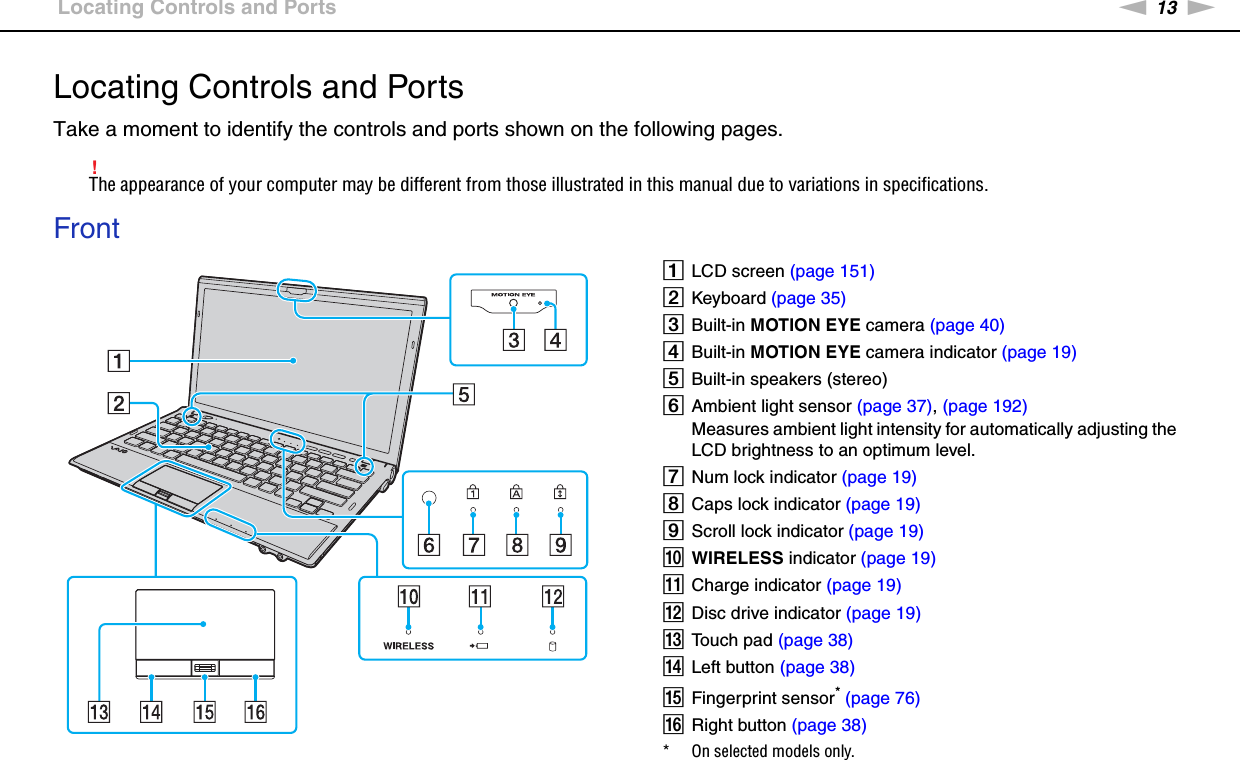 13nNGetting Started &gt;Locating Controls and PortsLocating Controls and PortsTake a moment to identify the controls and ports shown on the following pages.!The appearance of your computer may be different from those illustrated in this manual due to variations in specifications.FrontALCD screen (page 151)BKeyboard (page 35)CBuilt-in MOTION EYE camera (page 40)DBuilt-in MOTION EYE camera indicator (page 19)EBuilt-in speakers (stereo)FAmbient light sensor (page 37), (page 192)Measures ambient light intensity for automatically adjusting the LCD brightness to an optimum level.GNum lock indicator (page 19)HCaps lock indicator (page 19)IScroll lock indicator (page 19)JWIRELESS indicator (page 19)KCharge indicator (page 19)LDisc drive indicator (page 19)MTouch pad (page 38)NLeft button (page 38)OFingerprint sensor* (page 76)PRight button (page 38)* On selected models only.