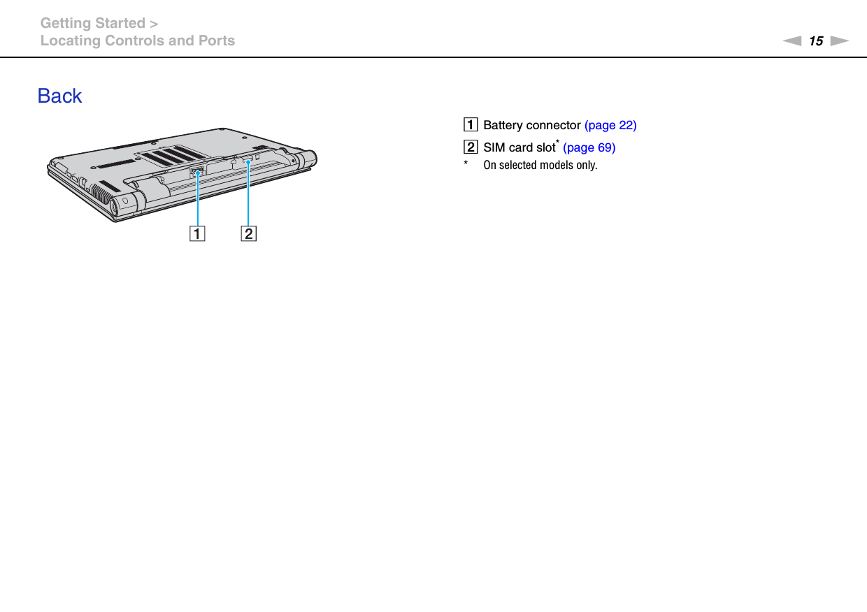 15nNGetting Started &gt;Locating Controls and PortsBackABattery connector (page 22)BSIM card slot* (page 69)* On selected models only.