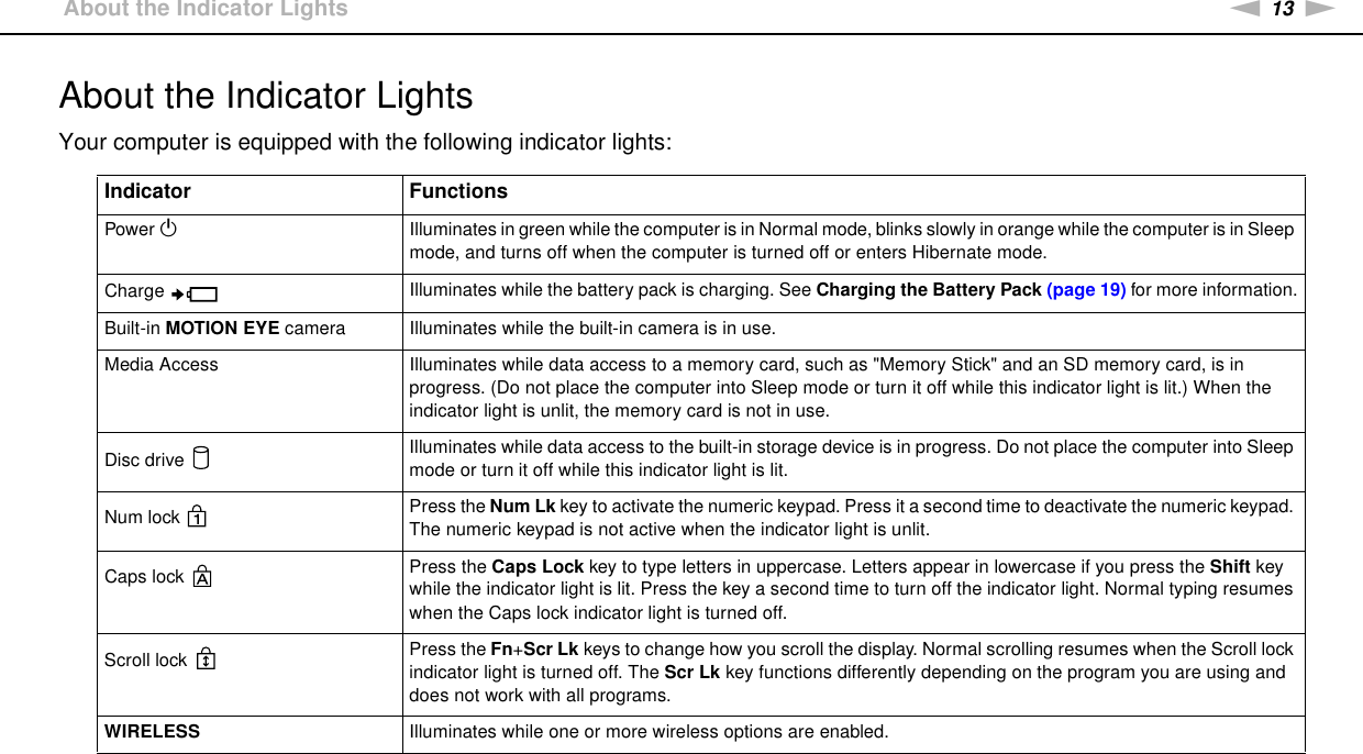 13nNGetting Started &gt;About the Indicator LightsAbout the Indicator LightsYour computer is equipped with the following indicator lights: Indicator FunctionsPower 1Illuminates in green while the computer is in Normal mode, blinks slowly in orange while the computer is in Sleep mode, and turns off when the computer is turned off or enters Hibernate mode.Charge  Illuminates while the battery pack is charging. See Charging the Battery Pack (page 19) for more information.Built-in MOTION EYE camera Illuminates while the built-in camera is in use.Media Access Illuminates while data access to a memory card, such as &quot;Memory Stick&quot; and an SD memory card, is in progress. (Do not place the computer into Sleep mode or turn it off while this indicator light is lit.) When the indicator light is unlit, the memory card is not in use.Disc drive  Illuminates while data access to the built-in storage device is in progress. Do not place the computer into Sleep mode or turn it off while this indicator light is lit.Num lock  Press the Num Lk key to activate the numeric keypad. Press it a second time to deactivate the numeric keypad. The numeric keypad is not active when the indicator light is unlit.Caps lock  Press the Caps Lock key to type letters in uppercase. Letters appear in lowercase if you press the Shift key while the indicator light is lit. Press the key a second time to turn off the indicator light. Normal typing resumes when the Caps lock indicator light is turned off.Scroll lock  Press the Fn+Scr Lk keys to change how you scroll the display. Normal scrolling resumes when the Scroll lock indicator light is turned off. The Scr Lk key functions differently depending on the program you are using and does not work with all programs. WIRELESS Illuminates while one or more wireless options are enabled.
