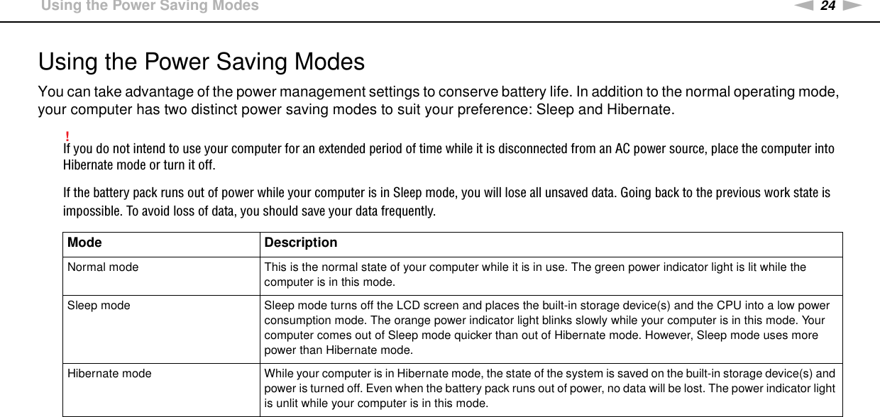 24nNGetting Started &gt;Using the Power Saving ModesUsing the Power Saving ModesYou can take advantage of the power management settings to conserve battery life. In addition to the normal operating mode, your computer has two distinct power saving modes to suit your preference: Sleep and Hibernate.!If you do not intend to use your computer for an extended period of time while it is disconnected from an AC power source, place the computer into Hibernate mode or turn it off.If the battery pack runs out of power while your computer is in Sleep mode, you will lose all unsaved data. Going back to the previous work state is impossible. To avoid loss of data, you should save your data frequently.Mode DescriptionNormal mode This is the normal state of your computer while it is in use. The green power indicator light is lit while the computer is in this mode.Sleep mode Sleep mode turns off the LCD screen and places the built-in storage device(s) and the CPU into a low power consumption mode. The orange power indicator light blinks slowly while your computer is in this mode. Your computer comes out of Sleep mode quicker than out of Hibernate mode. However, Sleep mode uses more power than Hibernate mode.Hibernate mode While your computer is in Hibernate mode, the state of the system is saved on the built-in storage device(s) and power is turned off. Even when the battery pack runs out of power, no data will be lost. The power indicator light is unlit while your computer is in this mode.