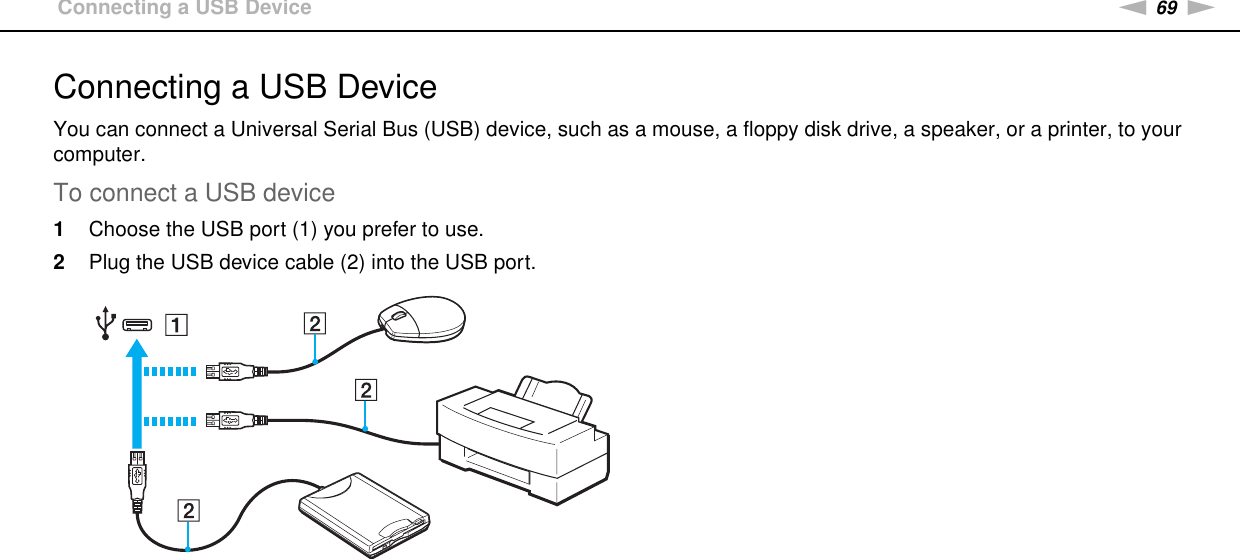 69nNUsing Peripheral Devices &gt;Connecting a USB DeviceConnecting a USB DeviceYou can connect a Universal Serial Bus (USB) device, such as a mouse, a floppy disk drive, a speaker, or a printer, to your computer.To connect a USB device1Choose the USB port (1) you prefer to use.2Plug the USB device cable (2) into the USB port.