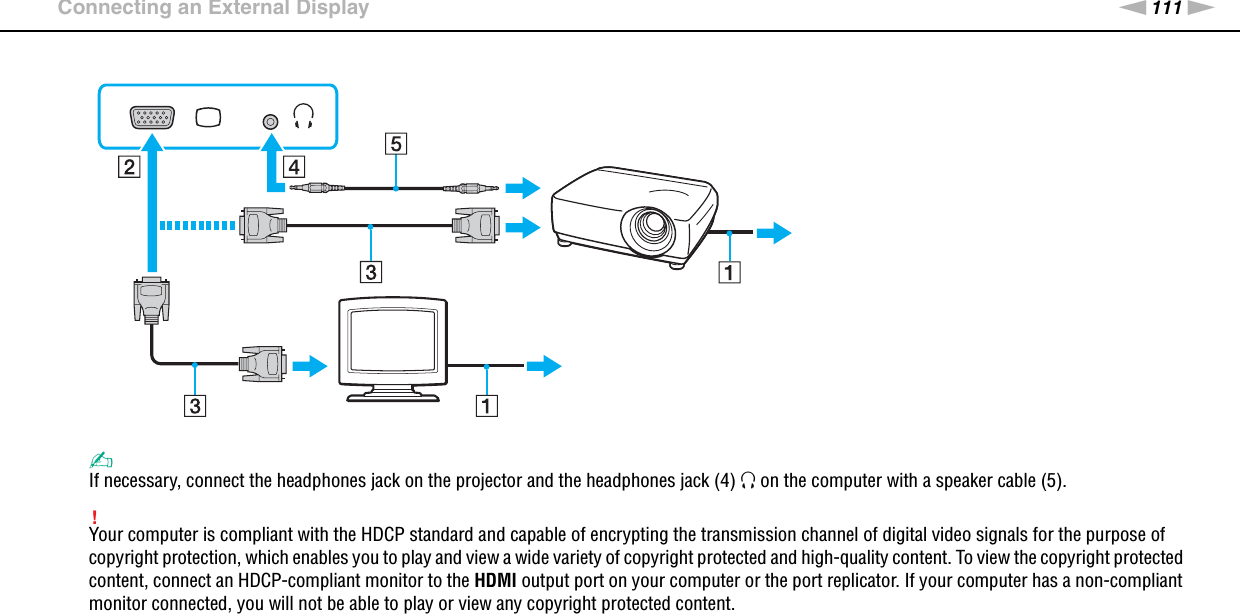 111nNUsing Peripheral Devices &gt;Connecting an External Display✍If necessary, connect the headphones jack on the projector and the headphones jack (4) i on the computer with a speaker cable (5).!Your computer is compliant with the HDCP standard and capable of encrypting the transmission channel of digital video signals for the purpose of copyright protection, which enables you to play and view a wide variety of copyright protected and high-quality content. To view the copyright protected content, connect an HDCP-compliant monitor to the HDMI output port on your computer or the port replicator. If your computer has a non-compliant monitor connected, you will not be able to play or view any copyright protected content.