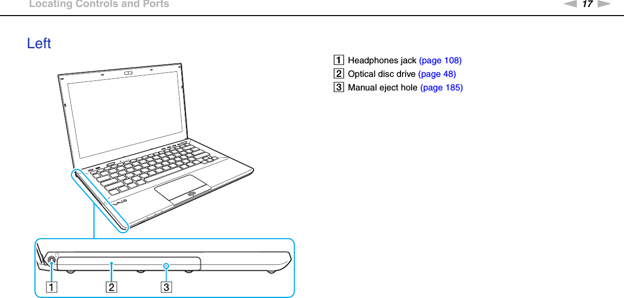17nNGetting Started &gt;Locating Controls and PortsLeftAHeadphones jack (page 108)BOptical disc drive (page 48)CManual eject hole (page 185)