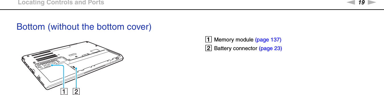 19nNGetting Started &gt;Locating Controls and PortsBottom (without the bottom cover) AMemory module (page 137)BBattery connector (page 23)