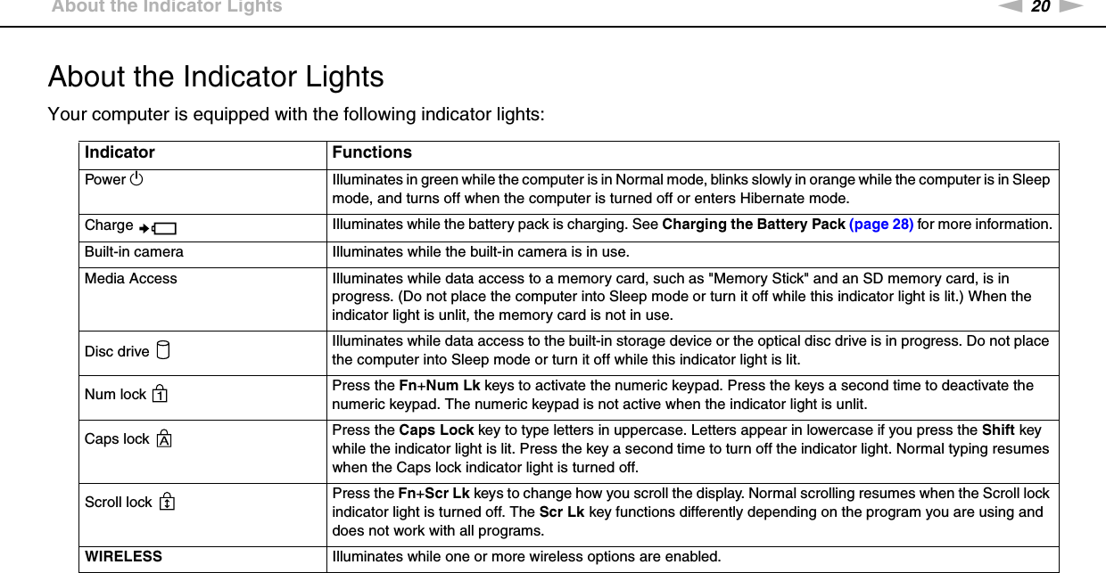 20nNGetting Started &gt;About the Indicator LightsAbout the Indicator LightsYour computer is equipped with the following indicator lights: Indicator FunctionsPower 1Illuminates in green while the computer is in Normal mode, blinks slowly in orange while the computer is in Sleep mode, and turns off when the computer is turned off or enters Hibernate mode.Charge  Illuminates while the battery pack is charging. See Charging the Battery Pack (page 28) for more information.Built-in camera Illuminates while the built-in camera is in use.Media Access Illuminates while data access to a memory card, such as &quot;Memory Stick&quot; and an SD memory card, is in progress. (Do not place the computer into Sleep mode or turn it off while this indicator light is lit.) When the indicator light is unlit, the memory card is not in use.Disc drive  Illuminates while data access to the built-in storage device or the optical disc drive is in progress. Do not place the computer into Sleep mode or turn it off while this indicator light is lit.Num lock  Press the Fn+Num Lk keys to activate the numeric keypad. Press the keys a second time to deactivate the numeric keypad. The numeric keypad is not active when the indicator light is unlit.Caps lock  Press the Caps Lock key to type letters in uppercase. Letters appear in lowercase if you press the Shift key while the indicator light is lit. Press the key a second time to turn off the indicator light. Normal typing resumes when the Caps lock indicator light is turned off.Scroll lock  Press the Fn+Scr Lk keys to change how you scroll the display. Normal scrolling resumes when the Scroll lock indicator light is turned off. The Scr Lk key functions differently depending on the program you are using and does not work with all programs. WIRELESS Illuminates while one or more wireless options are enabled.