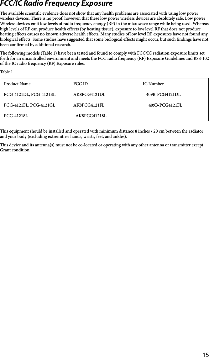 15FCC/IC Radio Frequency ExposureThe available scientific evidence does not show that any health problems are associated with using low power wireless devices. There is no proof, however, that these low power wireless devices are absolutely safe. Low power Wireless devices emit low levels of radio frequency energy (RF) in the microwave range while being used. Whereas high levels of RF can produce health effects (by heating tissue), exposure to low level RF that does not produce heating effects causes no known adverse health effects. Many studies of low level RF exposures have not found any biological effects. Some studies have suggested that some biological effects might occur, but such findings have not been confirmed by additional research.The following models (Table 1) have been tested and found to comply with FCC/IC radiation exposure limits set forth for an uncontrolled environment and meets the FCC radio frequency (RF) Exposure Guidelines and RSS-102 of the IC radio frequency (RF) Exposure rules.Table 1Product Name FCC ID IC NumberPCG-4121DL, PCG-4121EL AK8PCG4121DL 409B-PCG4121DLPCG-4121FL, PCG-4121GL AK8PCG4121FL 409B-PCG4121FLPCG-41218L AK8PCG41218LThis equipment should be installed and operated with minimum distance 8 inches / 20 cm between the radiator and your body (excluding extremities: hands, wrists, feet, and ankles).This device and its antenna(s) must not be co-located or operating with any other antenna or transmitter except Grant condition.