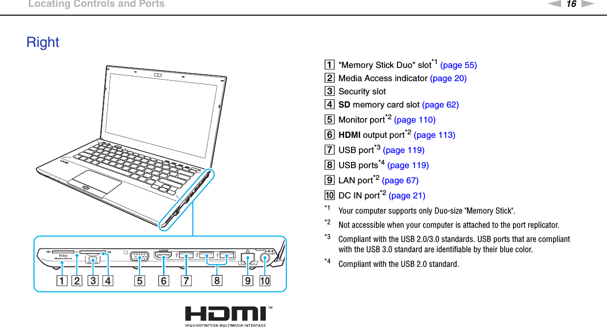 16nNGetting Started &gt;Locating Controls and PortsRightA&quot;Memory Stick Duo&quot; slot*1 (page 55)BMedia Access indicator (page 20)CSecurity slotDSD memory card slot (page 62)EMonitor port*2 (page 110)FHDMI output port*2 (page 113)GUSB port*3 (page 119)HUSB ports*4 (page 119)ILAN port*2 (page 67)JDC IN port*2 (page 21)*1 Your computer supports only Duo-size &quot;Memory Stick&quot;.*2 Not accessible when your computer is attached to the port replicator.*3 Compliant with the USB 2.0/3.0 standards. USB ports that are compliant with the USB 3.0 standard are identifiable by their blue color.*4 Compliant with the USB 2.0 standard.