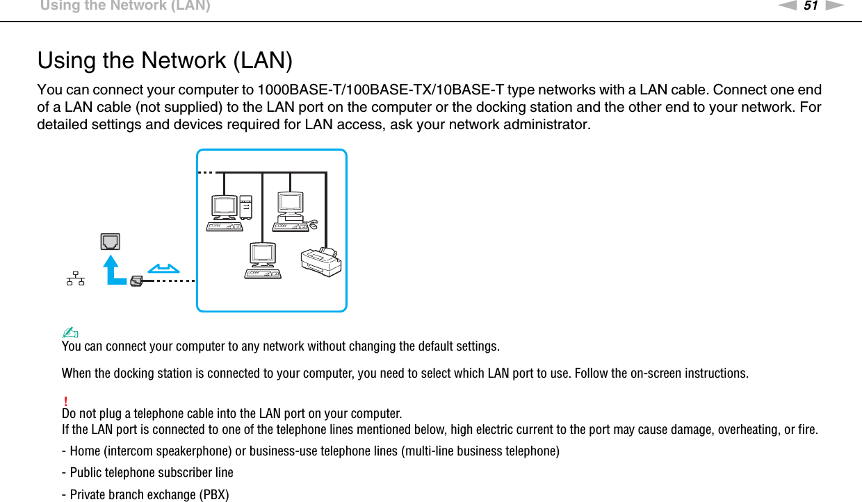 51nNUsing Your VAIO Computer &gt;Using the Network (LAN)Using the Network (LAN)You can connect your computer to 1000BASE-T/100BASE-TX/10BASE-T type networks with a LAN cable. Connect one end of a LAN cable (not supplied) to the LAN port on the computer or the docking station and the other end to your network. For detailed settings and devices required for LAN access, ask your network administrator.✍You can connect your computer to any network without changing the default settings.When the docking station is connected to your computer, you need to select which LAN port to use. Follow the on-screen instructions.!Do not plug a telephone cable into the LAN port on your computer.If the LAN port is connected to one of the telephone lines mentioned below, high electric current to the port may cause damage, overheating, or fire.- Home (intercom speakerphone) or business-use telephone lines (multi-line business telephone)- Public telephone subscriber line- Private branch exchange (PBX) 