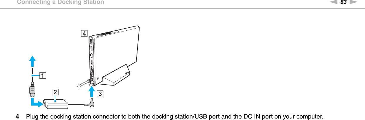 83nNUsing Peripheral Devices &gt;Connecting a Docking Station4Plug the docking station connector to both the docking station/USB port and the DC IN port on your computer.
