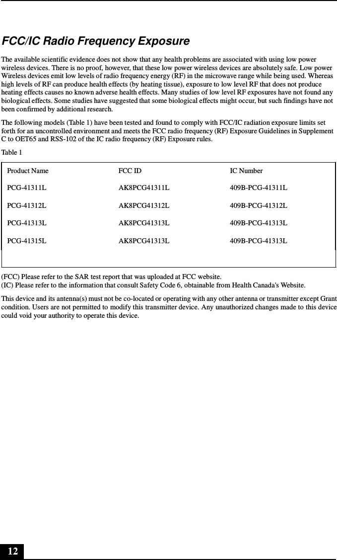 12      FCC/IC Radio Frequency Exposure  The available scientific evidence does not show that any health problems are associated with using low power wireless devices. There is no proof, however, that these low power wireless devices are absolutely safe. Low power Wireless devices emit low levels of radio frequency energy (RF) in the microwave range while being used. Whereas high levels of RF can produce health effects (by heating tissue), exposure to low level RF that does not produce heating effects causes no known adverse health effects. Many studies of low level RF exposures have not found any biological effects. Some studies have suggested that some biological effects might occur, but such findings have not been confirmed by additional research.  The following models (Table 1) have been tested and found to comply with FCC/IC radiation exposure limits set forth for an uncontrolled environment and meets the FCC radio frequency (RF) Exposure Guidelines in Supplement C to OET65 and RSS-102 of the IC radio frequency (RF) Exposure rules. Table 1  Product Name FCC ID IC Number PCG-41311L AK8PCG41311L 409B-PCG-41311L PCG-41312L AK8PCG41312L 409B-PCG-41312L PCG-41313L AK8PCG41313L 409B-PCG-41313L PCG-41315L AK8PCG41313L 409B-PCG-41313L   (FCC) Please refer to the SAR test report that was uploaded at FCC website. (IC) Please refer to the information that consult Safety Code 6, obtainable from Health Canada&apos;s Website. This device and its antenna(s) must not be co-located or operating with any other antenna or transmitter except Grant condition. Users are not permitted to modify this transmitter device. Any unauthorized changes made to this device could void your authority to operate this device. 