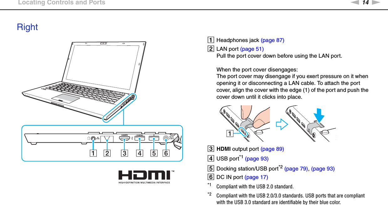 14nNGetting Started &gt;Locating Controls and PortsRightAHeadphones jack (page 87)BLAN port (page 51)Pull the port cover down before using the LAN port.When the port cover disengages:The port cover may disengage if you exert pressure on it when opening it or disconnecting a LAN cable. To attach the port cover, align the cover with the edge (1) of the port and push the cover down until it clicks into place.CHDMI output port (page 89)DUSB port*1 (page 93)EDocking station/USB port*2 (page 79), (page 93)FDC IN port (page 17)*1 Compliant with the USB 2.0 standard.*2 Compliant with the USB 2.0/3.0 standards. USB ports that are compliant with the USB 3.0 standard are identifiable by their blue color.