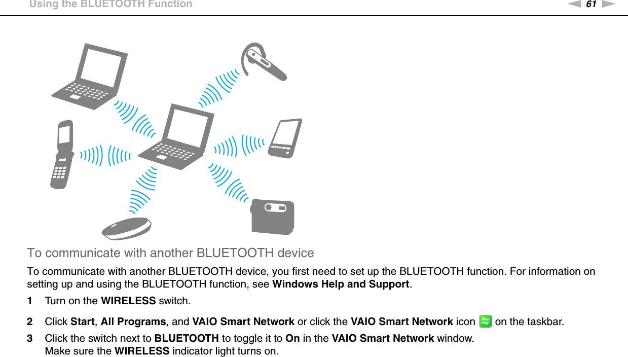 61nNUsing Your VAIO Computer &gt;Using the BLUETOOTH FunctionTo communicate with another BLUETOOTH deviceTo communicate with another BLUETOOTH device, you first need to set up the BLUETOOTH function. For information on setting up and using the BLUETOOTH function, see Windows Help and Support.1Turn on the WIRELESS switch.2Click Start, All Programs, and VAIO Smart Network or click the VAIO Smart Network icon   on the taskbar.3Click the switch next to BLUETOOTH to toggle it to On in the VAIO Smart Network window.Make sure the WIRELESS indicator light turns on. 