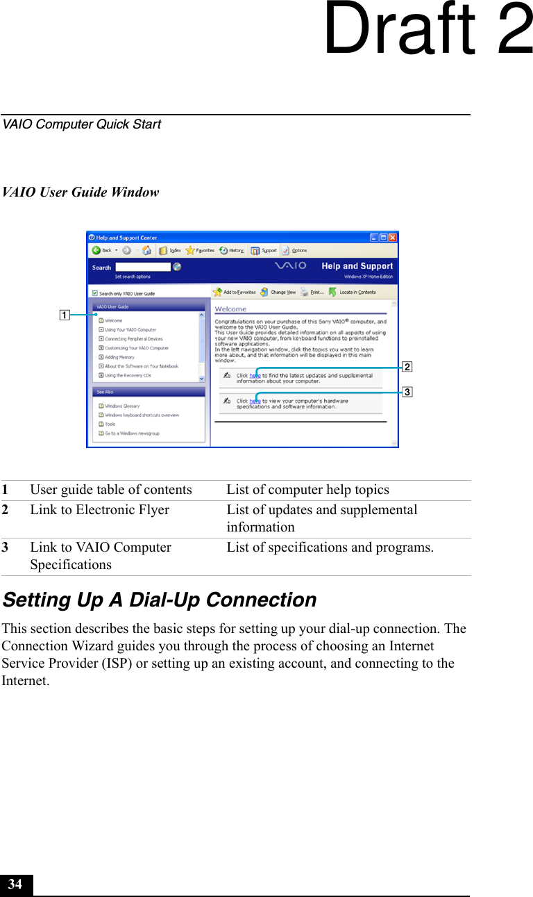 VAIO Computer Quick Start34Setting Up A Dial-Up ConnectionThis section describes the basic steps for setting up your dial-up connection. The Connection Wizard guides you through the process of choosing an Internet Service Provider (ISP) or setting up an existing account, and connecting to the Internet.VAIO User Guide Window1User guide table of contents List of computer help topics2Link to Electronic Flyer  List of updates and supplemental information3Link to VAIO Computer SpecificationsList of specifications and programs.Draft 2