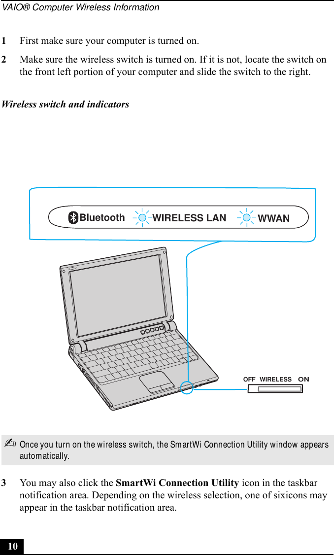 VAIO® Computer Wireless Information101First make sure your computer is turned on.2Make sure the wireless switch is turned on. If it is not, locate the switch on the front left portion of your computer and slide the switch to the right.3You may also click the SmartWi Connection Utility icon in the taskbar notification area. Depending on the wireless selection, one of sixicons may appear in the taskbar notification area.Wireless switch and indicators✍Once you turn on the wireless switch, the SmartWi Connection Utility window appears automatically.WWANBluetooth WIRELESS LAN OFFONWIRELESS