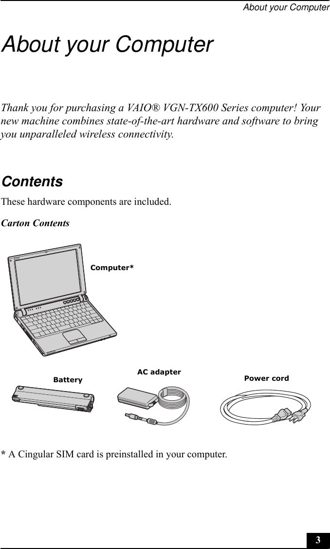 About your Computer3About your ComputerThank you for purchasing a VAIO® VGN-TX600 Series computer! Your new machine combines state-of-the-art hardware and software to bring you unparalleled wireless connectivity.ContentsThese hardware components are included.* A Cingular SIM card is preinstalled in your computer.Carton ContentsComputer*Power cordBatteryAC adapter