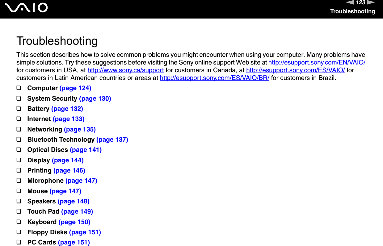 123nNTroubleshootingTroubleshootingThis section describes how to solve common problems you might encounter when using your computer. Many problems have simple solutions. Try these suggestions before visiting the Sony online support Web site at http://esupport.sony.com/EN/VAIO/ for customers in USA, at http://www.sony.ca/support for customers in Canada, at http://esupport.sony.com/ES/VAIO/ for customers in Latin American countries or areas at http://esupport.sony.com/ES/VAIO/BR/ for customers in Brazil.❑Computer (page 124)❑System Security (page 130)❑Battery (page 132)❑Internet (page 133)❑Networking (page 135)❑Bluetooth Technology (page 137)❑Optical Discs (page 141)❑Display (page 144)❑Printing (page 146)❑Microphone (page 147)❑Mouse (page 147)❑Speakers (page 148)❑Touch Pad (page 149)❑Keyboard (page 150)❑Floppy Disks (page 151)❑PC Cards (page 151)