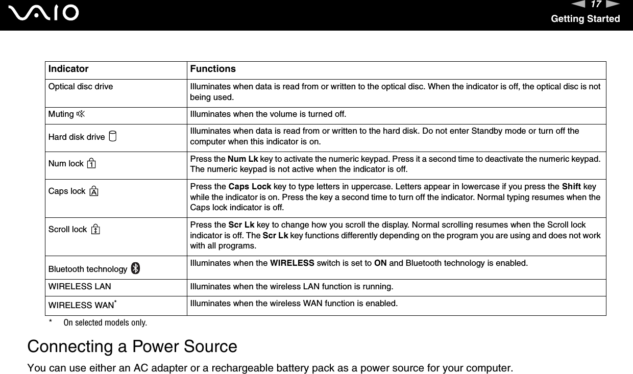 17nNGetting Started Connecting a Power SourceYou can use either an AC adapter or a rechargeable battery pack as a power source for your computer.Optical disc drive Illuminates when data is read from or written to the optical disc. When the indicator is off, the optical disc is not being used.Muting %Illuminates when the volume is turned off.Hard disk drive  Illuminates when data is read from or written to the hard disk. Do not enter Standby mode or turn off the computer when this indicator is on.Num lock  Press the Num Lk key to activate the numeric keypad. Press it a second time to deactivate the numeric keypad. The numeric keypad is not active when the indicator is off.Caps lock  Press the Caps Lock key to type letters in uppercase. Letters appear in lowercase if you press the Shift key while the indicator is on. Press the key a second time to turn off the indicator. Normal typing resumes when the Caps lock indicator is off.Scroll lock  Press the Scr Lk key to change how you scroll the display. Normal scrolling resumes when the Scroll lock indicator is off. The Scr Lk key functions differently depending on the program you are using and does not work with all programs. Bluetooth technology    Illuminates when the WIRELESS switch is set to ON and Bluetooth technology is enabled.WIRELESS LAN Illuminates when the wireless LAN function is running.WIRELESS WAN*Illuminates when the wireless WAN function is enabled.* On selected models only.Indicator Functions