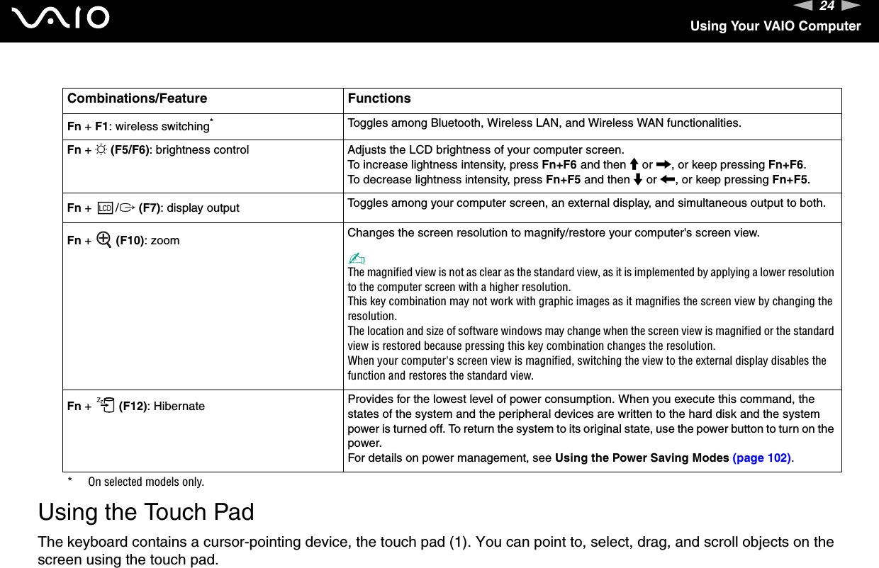 24nNUsing Your VAIO Computer  Using the Touch PadThe keyboard contains a cursor-pointing device, the touch pad (1). You can point to, select, drag, and scroll objects on the screen using the touch pad.Combinations/Feature FunctionsFn + F1: wireless switching*Toggles among Bluetooth, Wireless LAN, and Wireless WAN functionalities.Fn + 8 (F5/F6): brightness control Adjusts the LCD brightness of your computer screen.To increase lightness intensity, press Fn+F6 and then M or ,, or keep pressing Fn+F6.To decrease lightness intensity, press Fn+F5 and then m or &lt;, or keep pressing Fn+F5.Fn +  /T (F7): display output Toggles among your computer screen, an external display, and simultaneous output to both.Fn +   (F10): zoom Changes the screen resolution to magnify/restore your computer&apos;s screen view.✍The magnified view is not as clear as the standard view, as it is implemented by applying a lower resolution to the computer screen with a higher resolution.This key combination may not work with graphic images as it magnifies the screen view by changing the resolution.The location and size of software windows may change when the screen view is magnified or the standard view is restored because pressing this key combination changes the resolution.When your computer&apos;s screen view is magnified, switching the view to the external display disables the function and restores the standard view.Fn +   (F12): Hibernate Provides for the lowest level of power consumption. When you execute this command, the states of the system and the peripheral devices are written to the hard disk and the system power is turned off. To return the system to its original state, use the power button to turn on the power.For details on power management, see Using the Power Saving Modes (page 102).* On selected models only.