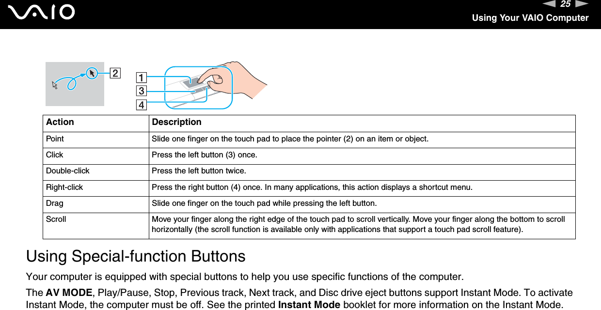 25nNUsing Your VAIO Computer Using Special-function ButtonsYour computer is equipped with special buttons to help you use specific functions of the computer.The AV MODE, Play/Pause, Stop, Previous track, Next track, and Disc drive eject buttons support Instant Mode. To activate Instant Mode, the computer must be off. See the printed Instant Mode booklet for more information on the Instant Mode.Action DescriptionPoint Slide one finger on the touch pad to place the pointer (2) on an item or object.Click Press the left button (3) once.Double-click Press the left button twice.Right-click Press the right button (4) once. In many applications, this action displays a shortcut menu.Drag Slide one finger on the touch pad while pressing the left button.Scroll Move your finger along the right edge of the touch pad to scroll vertically. Move your finger along the bottom to scroll horizontally (the scroll function is available only with applications that support a touch pad scroll feature).