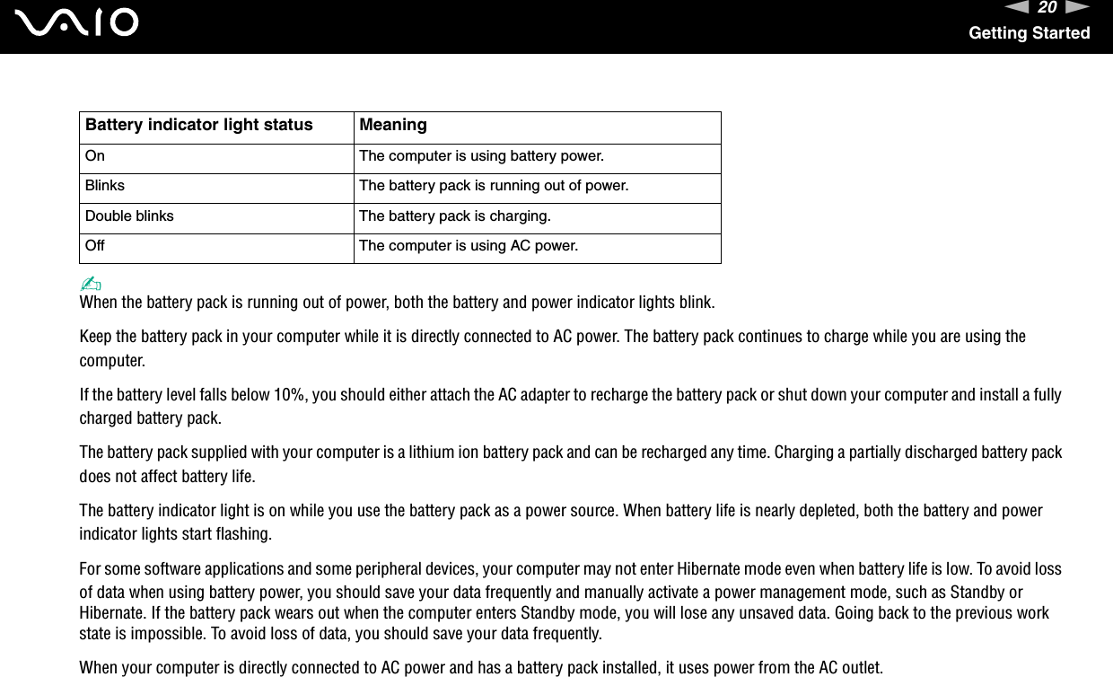 20nNGetting Started✍When the battery pack is running out of power, both the battery and power indicator lights blink.Keep the battery pack in your computer while it is directly connected to AC power. The battery pack continues to charge while you are using the computer.If the battery level falls below 10%, you should either attach the AC adapter to recharge the battery pack or shut down your computer and install a fully charged battery pack.The battery pack supplied with your computer is a lithium ion battery pack and can be recharged any time. Charging a partially discharged battery pack does not affect battery life.The battery indicator light is on while you use the battery pack as a power source. When battery life is nearly depleted, both the battery and power indicator lights start flashing.For some software applications and some peripheral devices, your computer may not enter Hibernate mode even when battery life is low. To avoid loss of data when using battery power, you should save your data frequently and manually activate a power management mode, such as Standby or Hibernate. If the battery pack wears out when the computer enters Standby mode, you will lose any unsaved data. Going back to the previous work state is impossible. To avoid loss of data, you should save your data frequently.When your computer is directly connected to AC power and has a battery pack installed, it uses power from the AC outlet. Battery indicator light status MeaningOn The computer is using battery power.Blinks The battery pack is running out of power.Double blinks The battery pack is charging.Off The computer is using AC power.