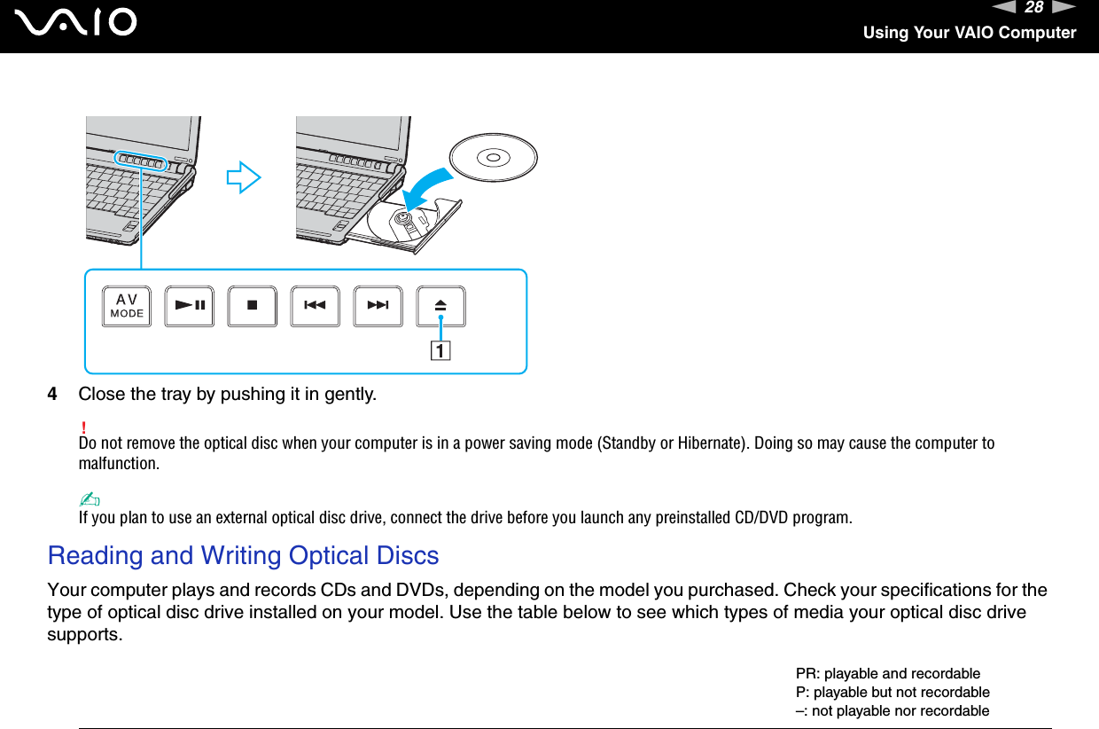 28nNUsing Your VAIO Computer4Close the tray by pushing it in gently.!Do not remove the optical disc when your computer is in a power saving mode (Standby or Hibernate). Doing so may cause the computer to malfunction.✍If you plan to use an external optical disc drive, connect the drive before you launch any preinstalled CD/DVD program.Reading and Writing Optical DiscsYour computer plays and records CDs and DVDs, depending on the model you purchased. Check your specifications for the type of optical disc drive installed on your model. Use the table below to see which types of media your optical disc drive supports.PR: playable and recordableP: playable but not recordable–: not playable nor recordable