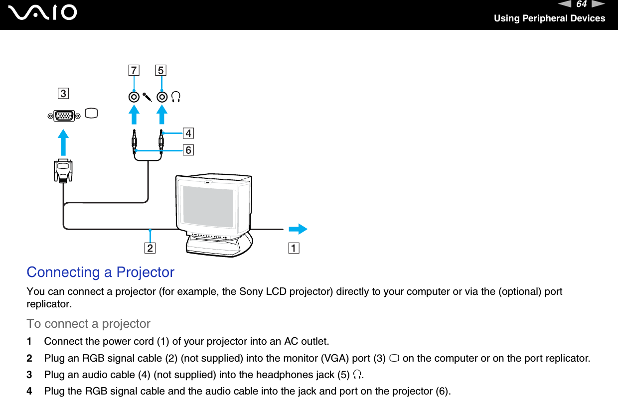 64nNUsing Peripheral Devices Connecting a ProjectorYou can connect a projector (for example, the Sony LCD projector) directly to your computer or via the (optional) port replicator.To connect a projector1Connect the power cord (1) of your projector into an AC outlet.2Plug an RGB signal cable (2) (not supplied) into the monitor (VGA) port (3) a on the computer or on the port replicator.3Plug an audio cable (4) (not supplied) into the headphones jack (5) i.4Plug the RGB signal cable and the audio cable into the jack and port on the projector (6).