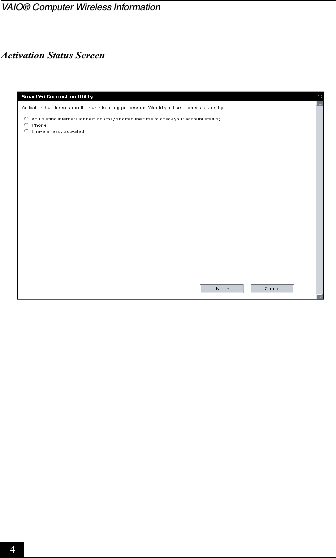 VAIO® Computer Wireless Information4Activation Status Screen