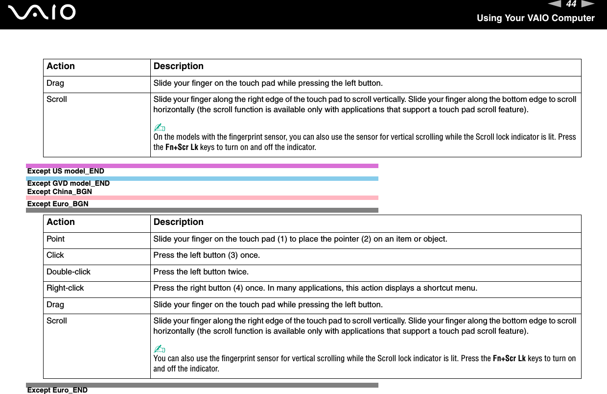 44nNUsing Your VAIO ComputerExcept US model_ENDExcept GVD model_ENDExcept China_BGNExcept Euro_BGNExcept Euro_ENDDrag Slide your finger on the touch pad while pressing the left button.Scroll Slide your finger along the right edge of the touch pad to scroll vertically. Slide your finger along the bottom edge to scroll horizontally (the scroll function is available only with applications that support a touch pad scroll feature).✍On the models with the fingerprint sensor, you can also use the sensor for vertical scrolling while the Scroll lock indicator is lit. Press the Fn+Scr Lk keys to turn on and off the indicator.Action DescriptionPoint Slide your finger on the touch pad (1) to place the pointer (2) on an item or object.Click Press the left button (3) once.Double-click Press the left button twice.Right-click Press the right button (4) once. In many applications, this action displays a shortcut menu.Drag Slide your finger on the touch pad while pressing the left button.Scroll Slide your finger along the right edge of the touch pad to scroll vertically. Slide your finger along the bottom edge to scroll horizontally (the scroll function is available only with applications that support a touch pad scroll feature).✍You can also use the fingerprint sensor for vertical scrolling while the Scroll lock indicator is lit. Press the Fn+Scr Lk keys to turn on and off the indicator.Action Description